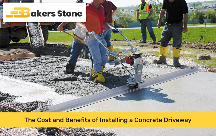 Workers using heavy machinery to install a concrete driveway.