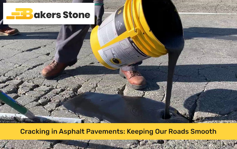 Worker pouring black sealant into asphalt crack for road repair.